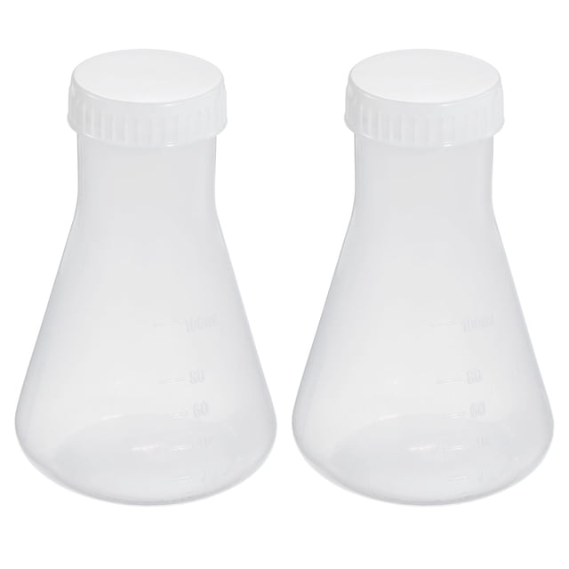 Unique Bargains 100ml Plastic Erlenmeyer Flask with Screw Caps, 2 Pack Narrow Mouth Conical Flask for Laboratory, Clear