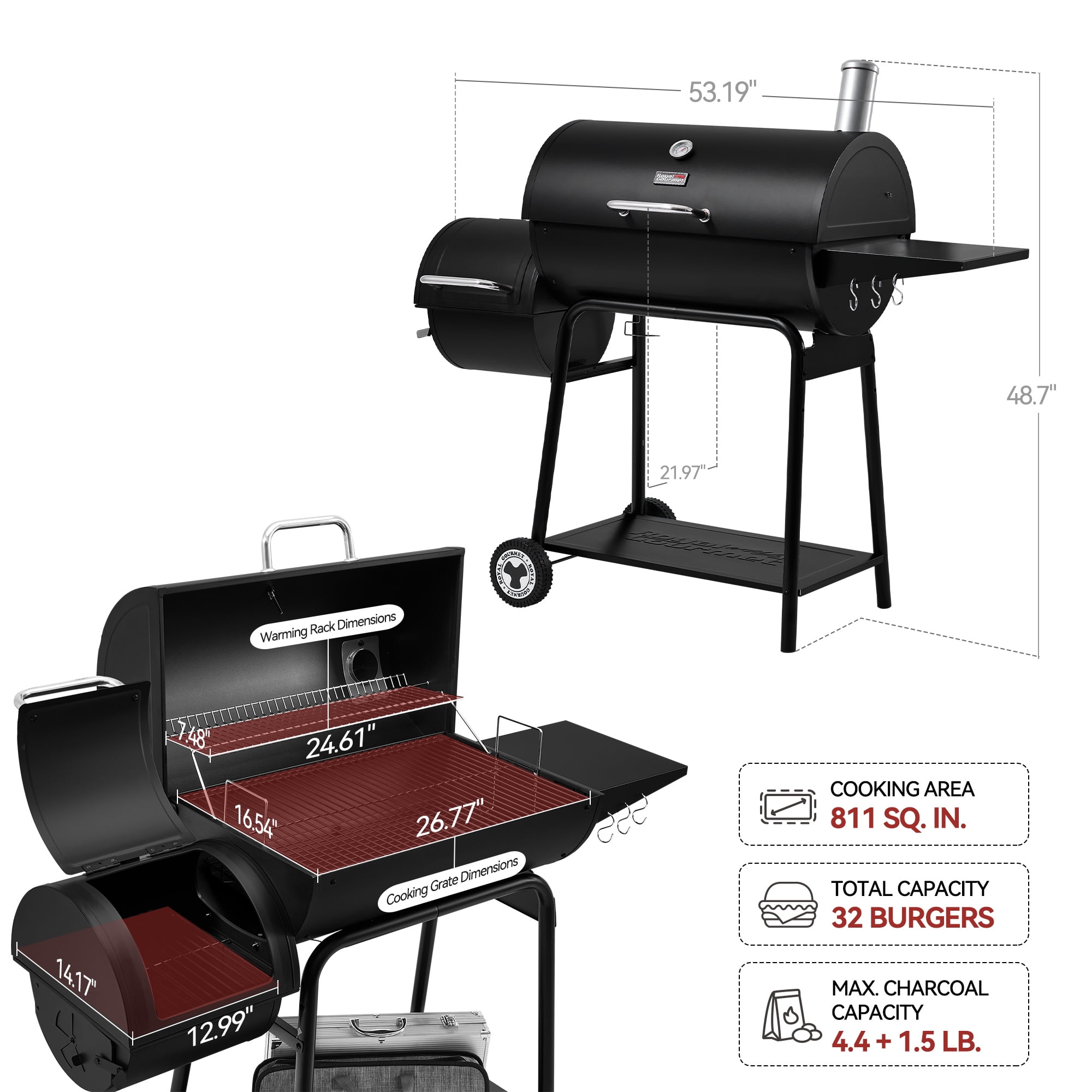 Royal Gourmet CC1830M 30-Inch Barrel Charcoal Grill with Offset Smoker, Sturdy Side Shelf with Hooks, for Outdoor Backyard, Patio and Parties, Black