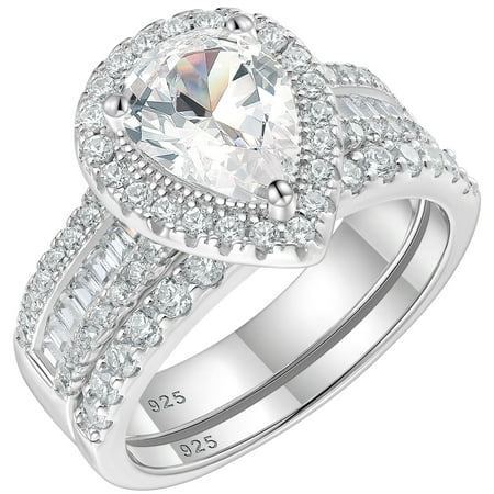 Newshe Jewellery 3 Ct Bridal Rings for Women Halo Pear Cut 925 Sterling Silver Rings AAAAA Cz with Elegant Gift Box Size 8