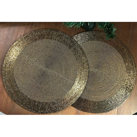 Handmade Beaded Charger Placemats, Housewarming Gift Set, Dining Festive Party Table Décor 14 inch Round - Golden, Set of 4