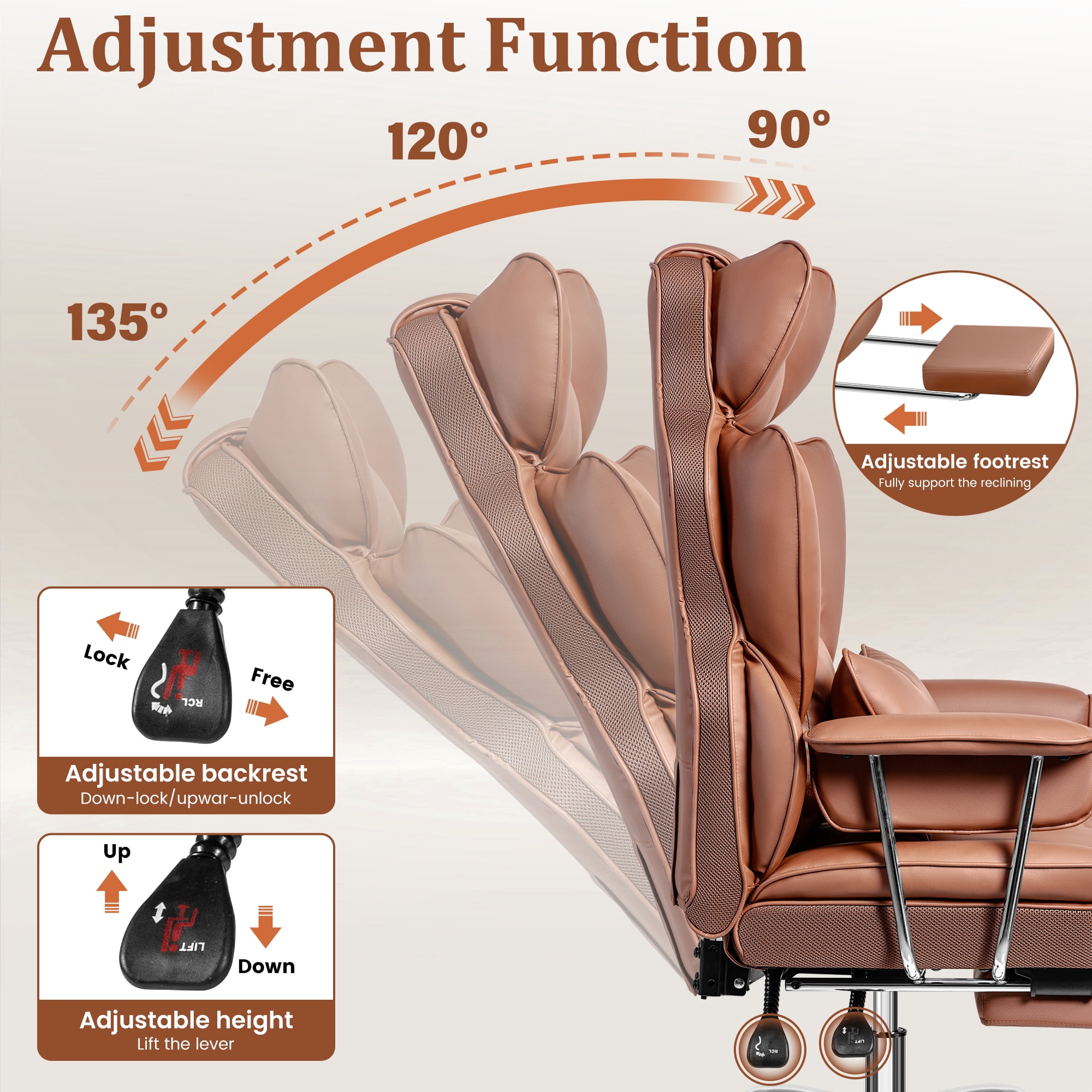 COOLHUT Big and Tall Office Chair 500LBS Wide Seat Ergonomic Computer Desk Chair, PU Leather Executive Office Chair with Footrest, Adjustable Task Chair Lumbar Back Support 8 Hour, Brown