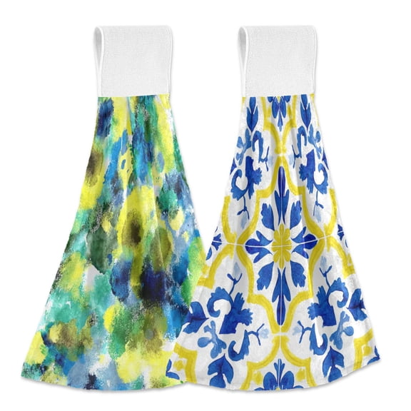 IAUYY Kitchen Hanging Towels Set of 2 100% Polyester Absorbent, Super Soft Hand Towels with Hanging Loops for Bathroom Kitchen Yellow Watercolor Yellow Spanish Design