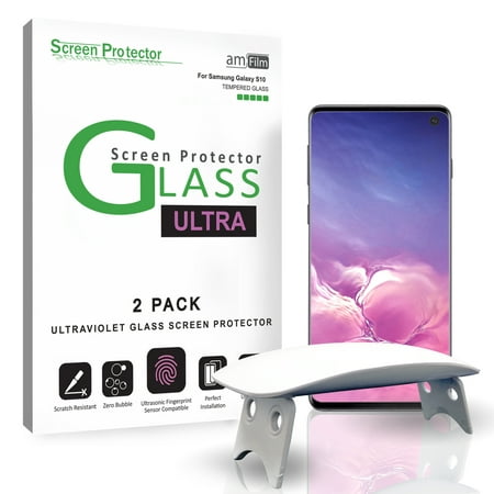 amFilm Screen Protector Glass for Galaxy S10 (2 Pack), Case Friendly (UV Gel Application) Tempered Glass Screen Protector Compatible with Fingerprint Scanner for Samsung Galaxy S10
