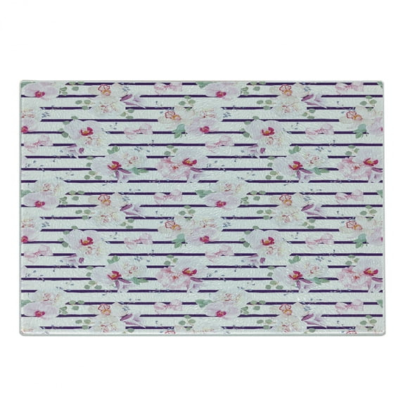Purple and Blush Cutting Board, Spring Bouquets Stripes Orchid Peony Bell Flowers Feminine, Decorative Tempered Glass Cutting and Serving Board, Small Size, Purple Pink Reseda Green, by Ambesonne