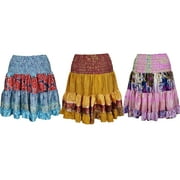 Mogul Wholesale Lot Of 3 Womens Ruffle Flare Skirt Vintage Recycled Silk Sari Girl On The Wing Knee Length Skirts