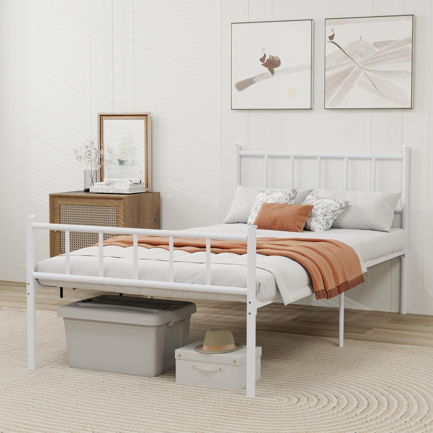 alazyhome Twin Size Classic Metal Platform Bed Frame-Mattress Foundation Steel Slat Support, White