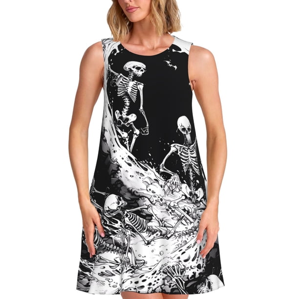 Balery Skeleton Wave Artwork Vestidos de verano para mujer con estampado: vestido holgado sin mangas, vestido playero informal y cómodo para días calurosos.