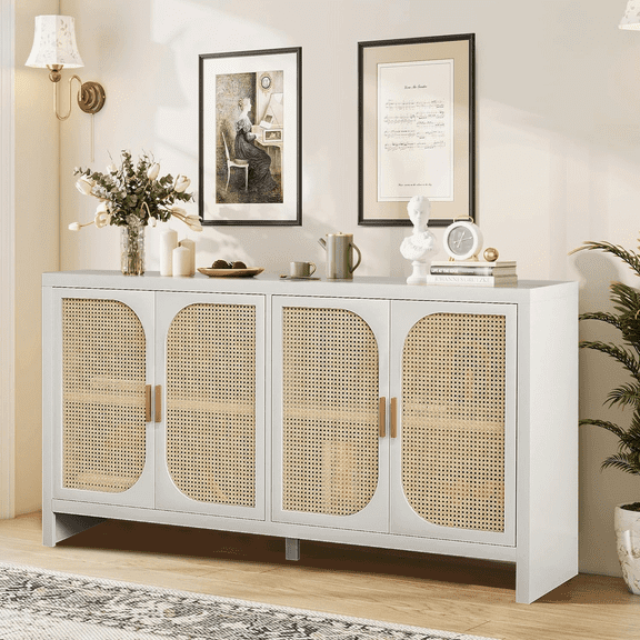 Modern Rattan Sideboard Buffet Cabinet, Kitchen Storage Cabinet, Living Room TV Stand for TVs up to 65", Entertainment Center with Adjustable Shelf, for Dining Living Room Hallway, White