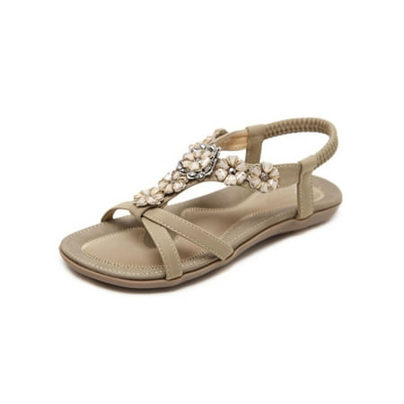 

Woobling Women Sandals Summer Casual Shoes Bohemian Flat Sandal Party Fashion Beach Rhinestone Flower Apricot 7.5