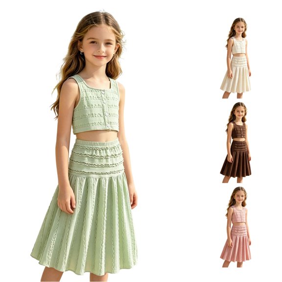 LIIPEE Girls Summer Outfits 2 Piece Set Kids Solid Color Ruched Sleeveless Crop Button Up Blouse A Line Pleated Skirt Cute Comfortable Breathable Casual Wear,9-10 Years