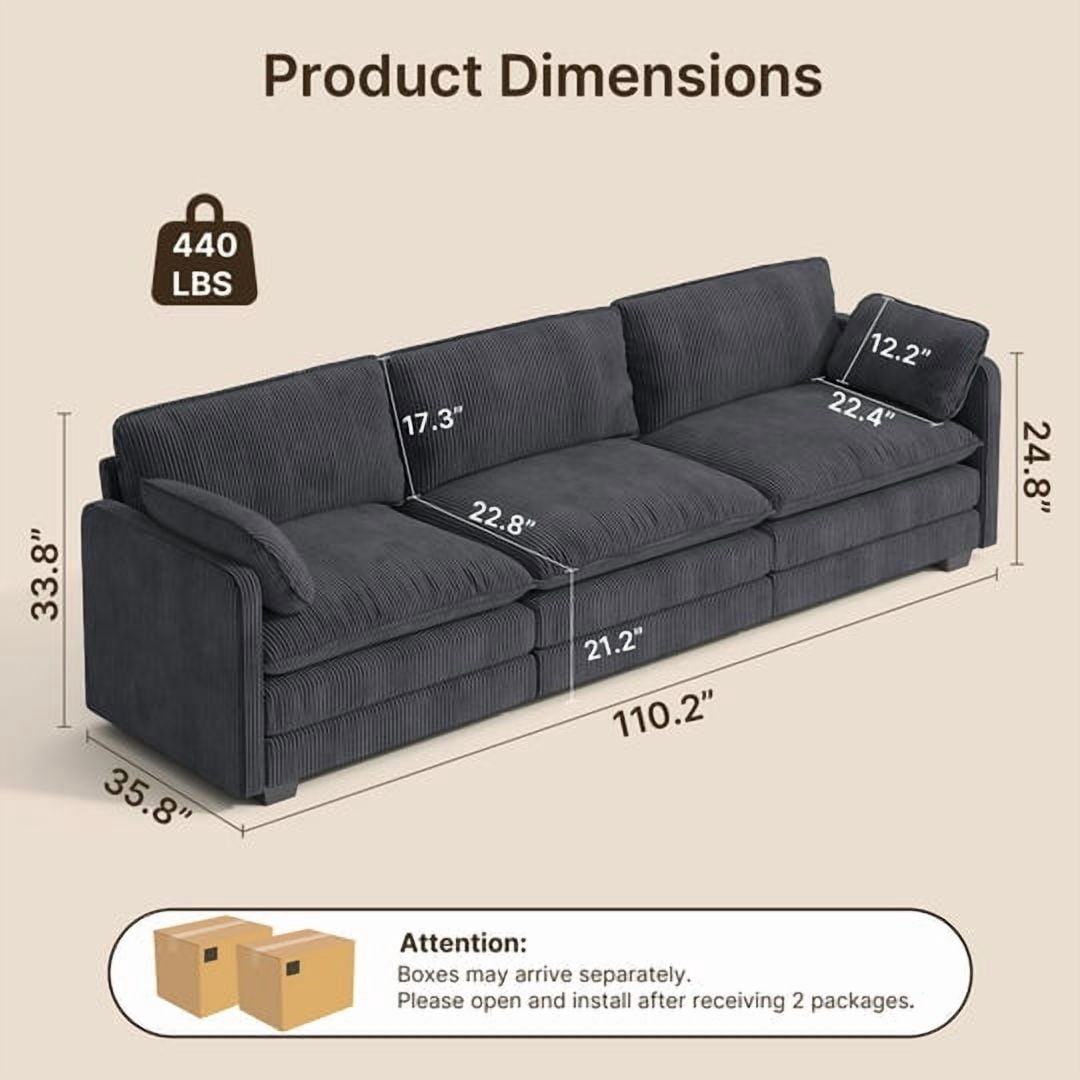 Aiho 110" Couches for Living Room, Corduroy Fluffy Sofa Couch, Comfy Sectional Sofa for Living Room, Apartment, Studio, Office - Dark Grey
