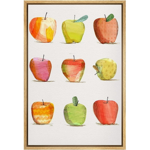 PixonSign Framed Canvas Print Wall Art Pastel Multicolor Colorful Apple Fruit Collage Kitchen & Cooking Food Illustrations Modern Art Decorative Zen for Living Room, Bedroom, Office - 16"x24" NATURAL