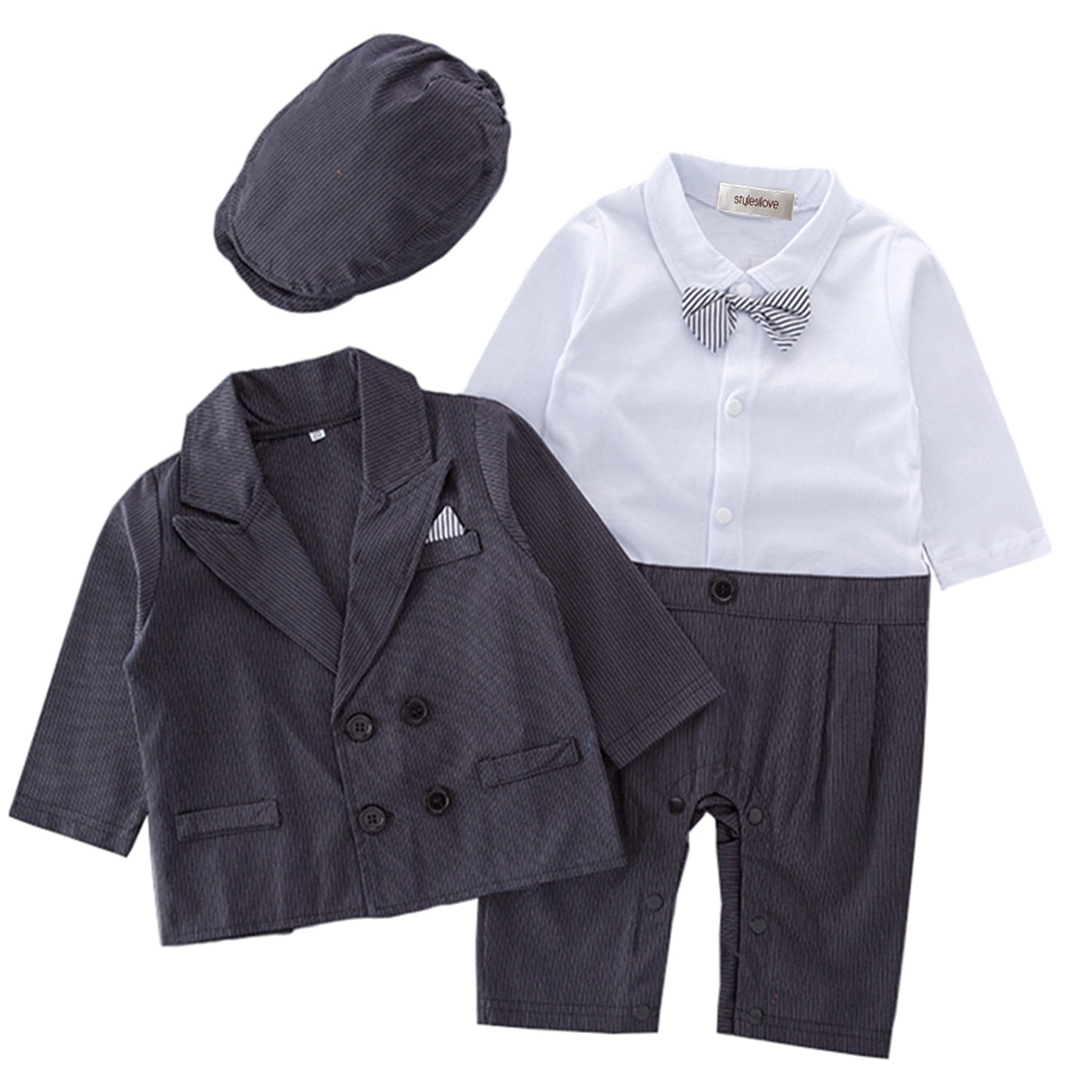 Baby Toddler Boy Bowtie Formal Wear Romper with Jacket and Hat 3pcs