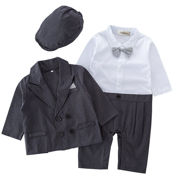 Baby Toddler Boy Bow-tie Formal Wear Romper with Jacket and Hat 3pcs Outfit (90/12-18 Months)