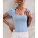 thumbnail image 4 of Top de punto con cuello en U para mujer Camisa de punto de manga corta ajustada de color puro informal para el hogar diario al aire libre Azul claro M, 4 of 8