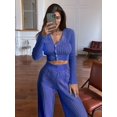 thumbnail image 5 of Women'S Solid Color Knitted Casual Hollow Commuter Suit Long Sleeve Button Top High Waist Pants Two-Piece Suit Blue S, 5 of 8