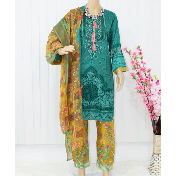 Nazon Brand- Pakistani Lawn | Long Dress | Long Sleeve | Party Were Dress | Lawn | Green/ Gold Color