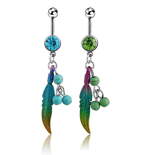 jiaroswwei Colorful Leaf Beads Belly Ring Button Navel Bar Barbell Body Piercing Jewelry