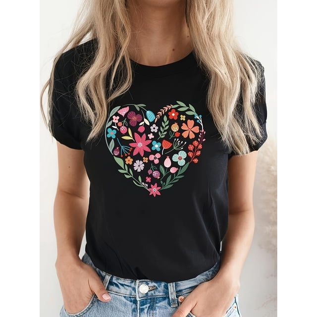 Flower Heart T-shirt, Wildflower, Flower Shirt, Sunflower T-shirt, Valentine'S Day Shirt, Love ShirtCamisetas de verano para mujer, manga corta, cuello redondo, casual, lindo, con gráficos, camisetas