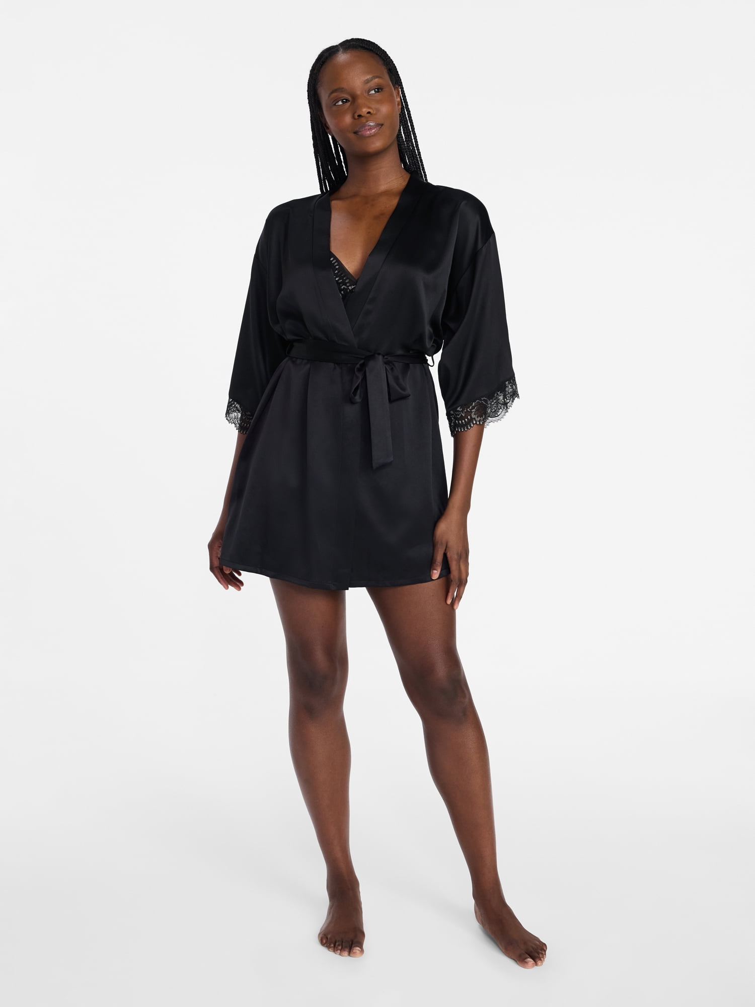 Joyspun Women’s Lace Trim Satin Robe, Sizes S-3X