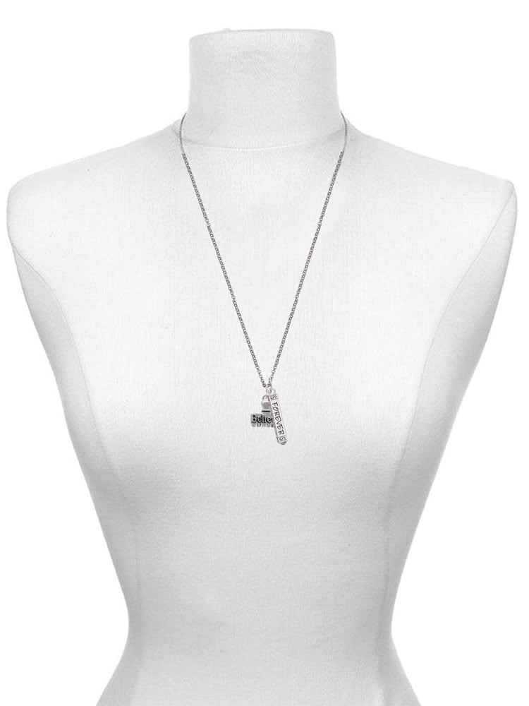 Delight Jewelry Silvertone 3-D ''Believe'' Stamp Silvertone Sisters Best Friends Forever Bar Charm Necklace, 23"
