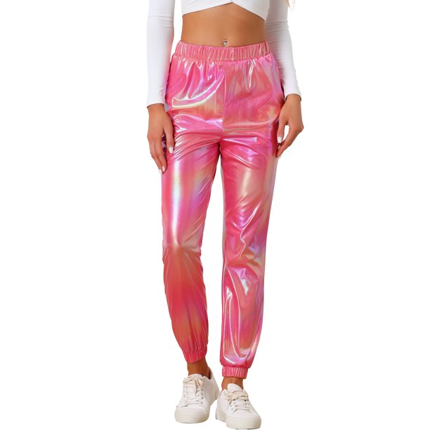 INSPIRE CHIC Pantalones metálicos holográficos brillantes de cintura alta para mujer, fiesta, M, rosa holográfico