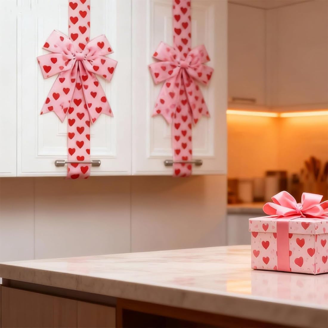 4 Pcs Valentines Cabinet Bows, Valentines Day Cabinet Decor, Red Hearts Door Bows Decorations for Window & Kitchen Decorations