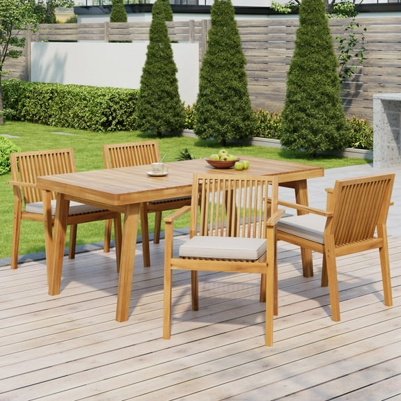 Christopher Knight Home 5-Piece Outdoor Dining Set, Wood Table and 4 Chairs with Cushions, Natural