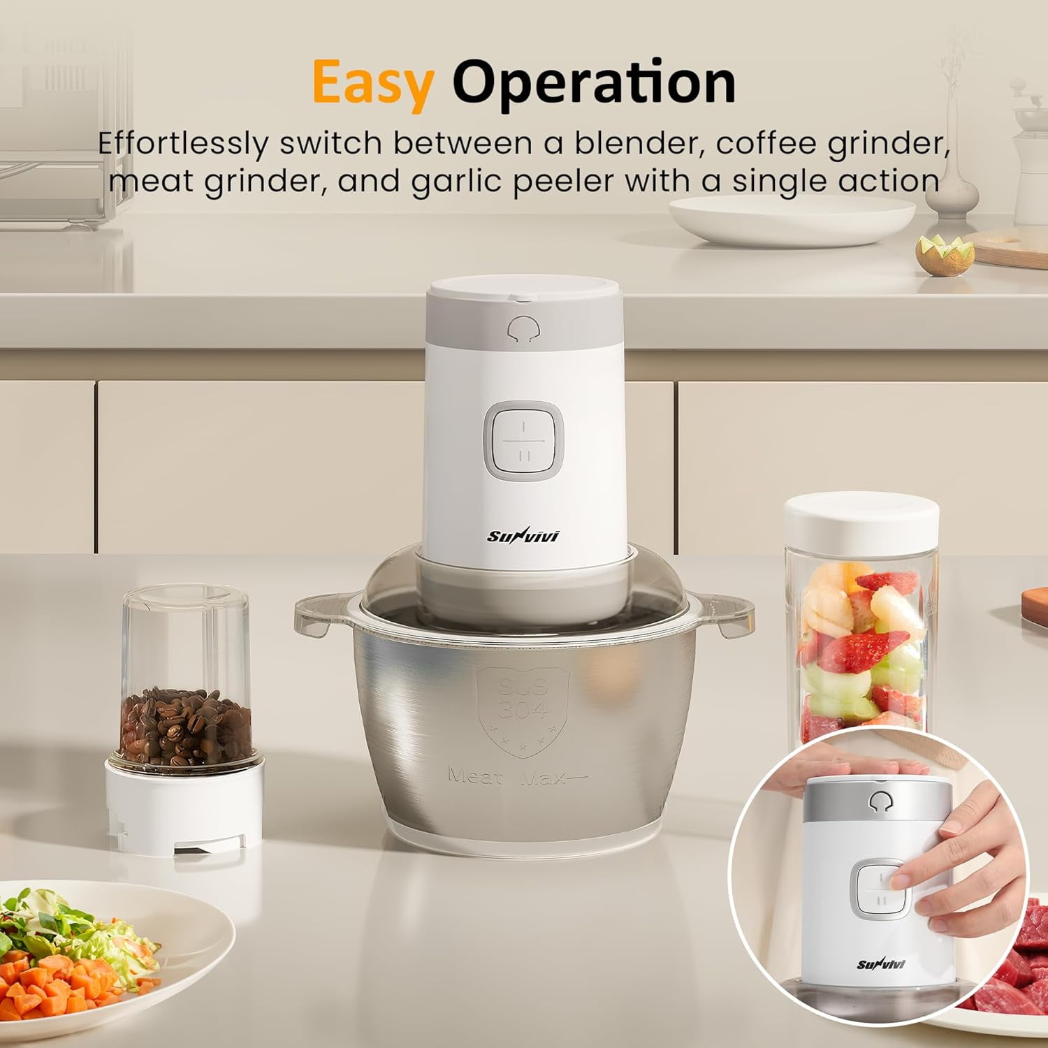 4-IN-1 Electric Food Processor with 350W Motor for Meat, Vegetables, Juicing & Coffee Grinding, Portable Blender with Stainless Steel Bowl and 2 Cups, White