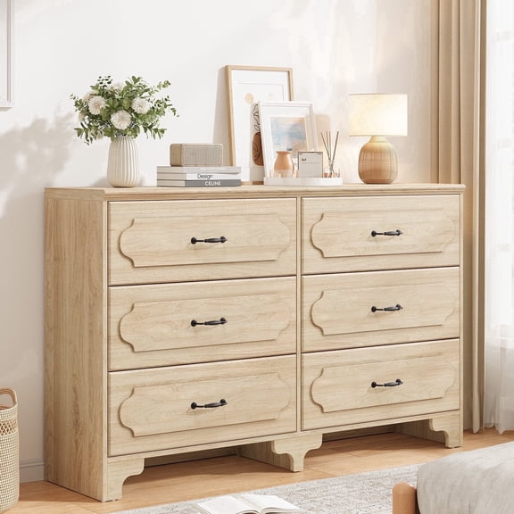 Vividwood Modern 6 Drawer Dresser Oak Horizontal Brown