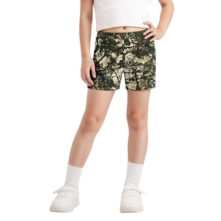 Abcomgle Girls Camo Shorts Summer Elastic Waisted Shorts Kids Maple Print Short Pants Athletic Pull on Sweat Shorts Dark Gray 7-8Years