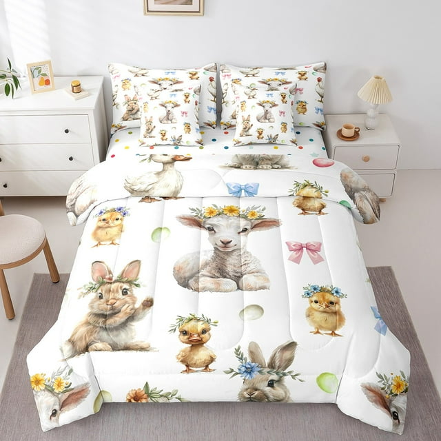 Cute Sheep Duck Bedding Set Queen Size 7 Pcs,Spring Style Flowers Bed Set for Kids Girls Farmhouse Cartoon Animals Comforter Set,Polyester Bed in a Bag with Comforter,Sheets,Pillowcases Room Decor