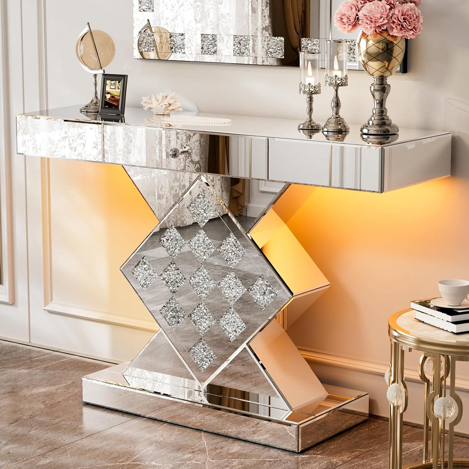 ARICOEASY Mirrored Console Table with LED Light and Storage Drawer, Narrow Entryway Table with drawers for Living Room Furniture Sets