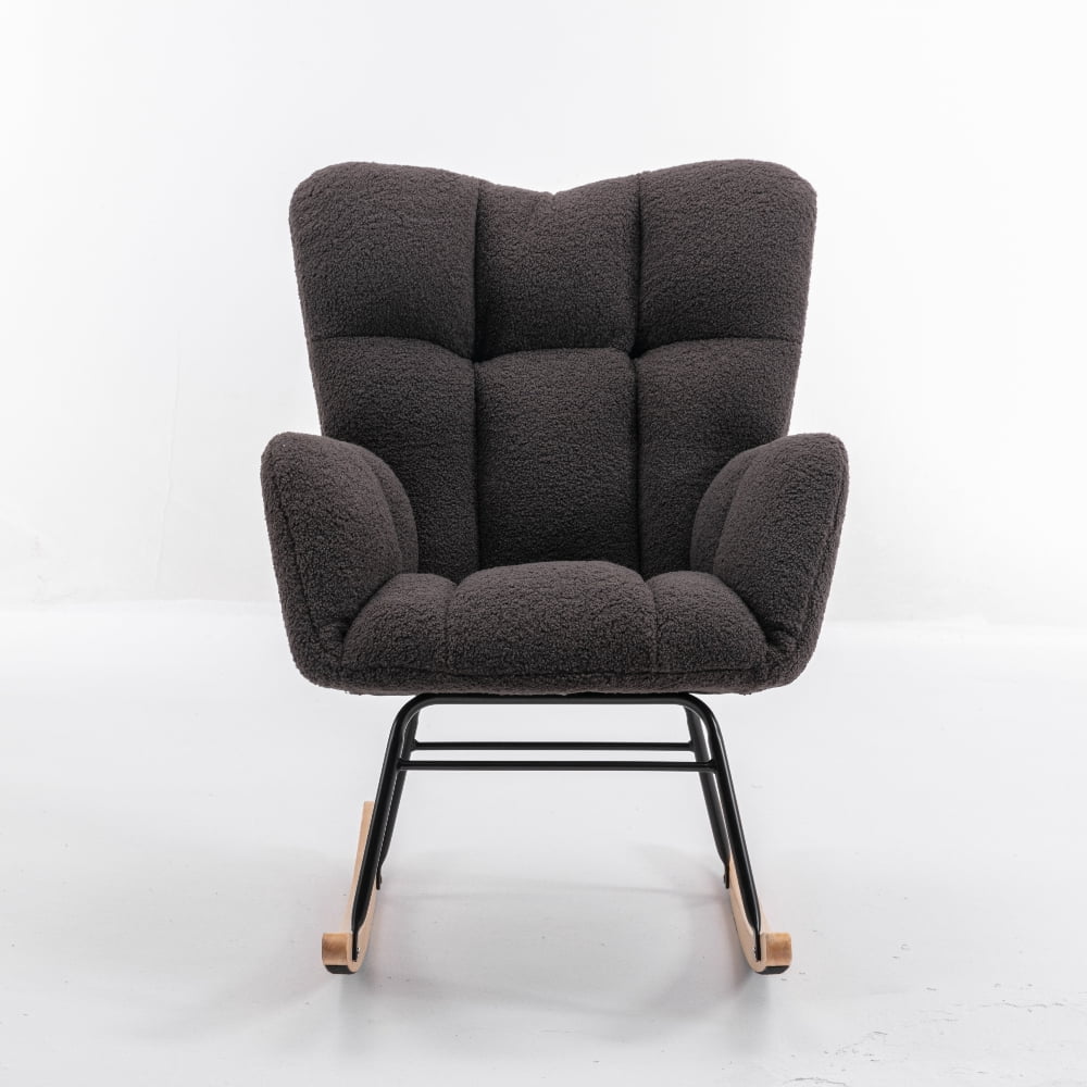 Oufan Leisure Rocking Chair With Upholstered, Teddy Fabric Nursery Rocking Chair with High Backrest & Solid Wood Frame for Living Room, Bedroom