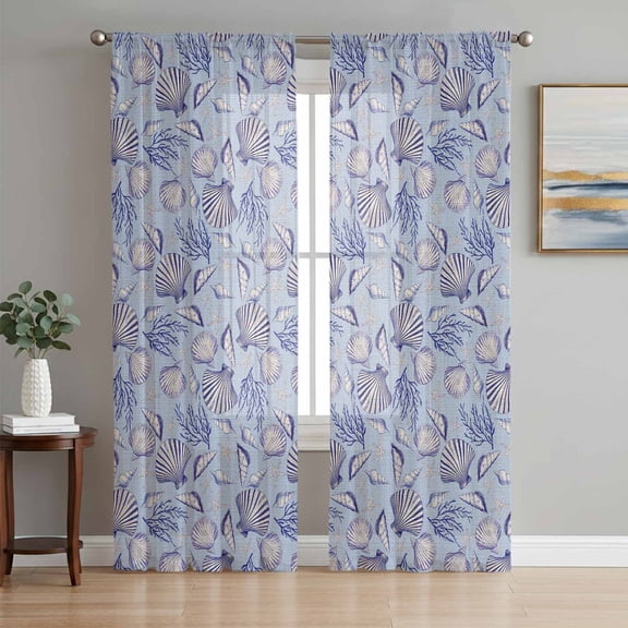 Coastal Seashells Sheer Curtains 96 Inch Length 2 Panels Set, Summer Nautical Coral Vintage Rustic Voile Window Treatment Semi Sheer Long Curtains Drapes for Bedroom/Living Room/Kitchen 52"x96"x2