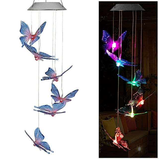 Solar String Lights, Color Changing LED Mobile Wind Chimes Lights, Waterproof Outdoor Solar Lights for Home Yard Patio Garden, Butterfly/2Pcs