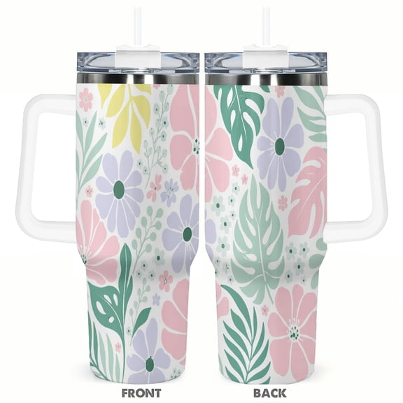 40oz Pastel Floral Tropical Tumbler with Handle Stainless Steel Insulated Travel Coffee Cup Gift