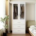 thumbnail image 3 of FUFU&GAGA Wardrobe Closet with Glass Doors, Modern White Bedroom Armoire with Gold Handles, Modern Clothes Storage Cabinet with 3 Drawers, Hanging Rod, 31.7”W x 19.3”D x 74.8”H, 3 of 15