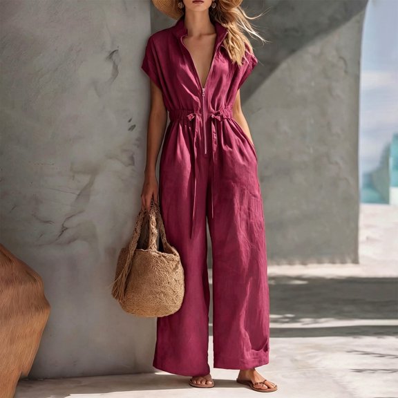 IUYRTFE Women V Neck Short Sleeve Wide Leg Jumpsuit with Drawstring Waist and Pockets for Vacation Beach Summer