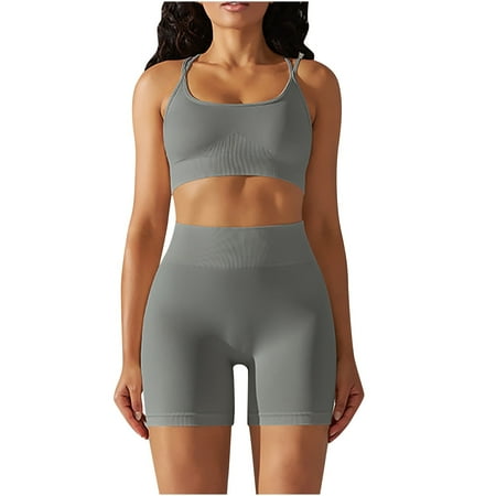 JWZUY Workout Outfits Sets for Women 2 piece Seamless Backless Tank Sport Cami Top Bulid in Bra High Waist Short Yoga Gym Matching Active Set Gray L