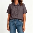 thumbnail image 6 of Qulqfy Cotton Linen Summer Shirts Solid Lapel Short Sleeve Casual Spring Coffee Tops for Women Trendy Summer XXL, 6 of 7