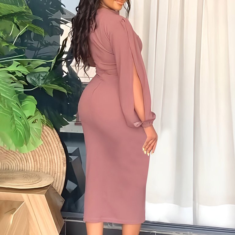 HAPIMO Women's Tea Length Bodycon Dress Solid Color Spring Long Sleeve High  Neck Trendy Elegant Cocktail Party Split Pink XL - Walmart.com