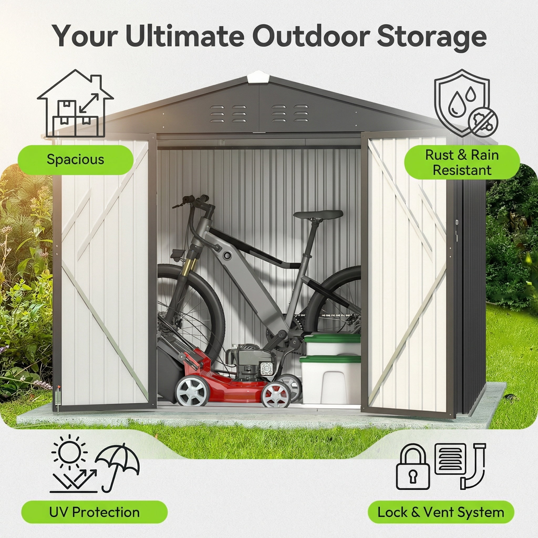 Lofka 8x6 FT Outdoor Storage Shed Lockable Waterproof Rust Resistant Garden Tool Shed Dark Grey