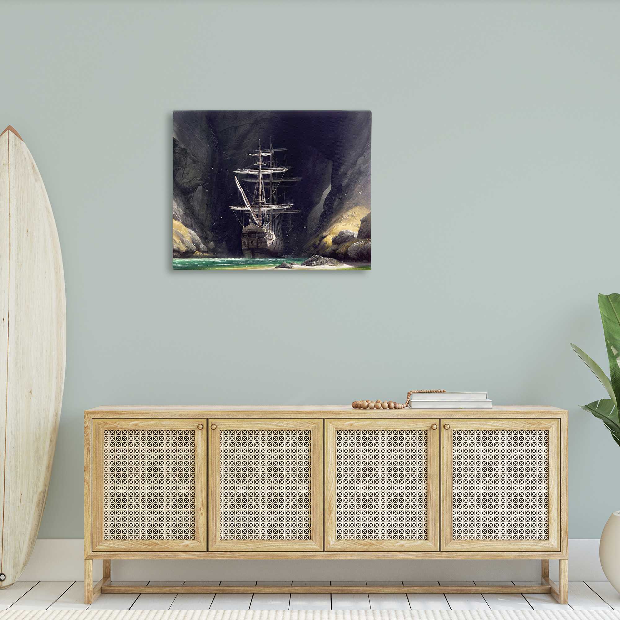 Stupell Industries Mysterious Ship in Cave Transportation Painting Gallery Wrapped Canvas Art Print Wall Art, 40 x 30