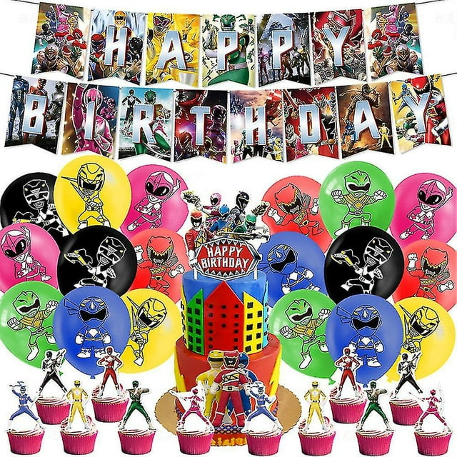 Power Rangers Themed Happy Birthday Party Decoration Set by ZJKDGJKJ. Includes a vibrant banner with Power Rangers characters spelling 'Happy Birthday,' 18 colourful balloons featuring Power Rangers designs, 12 cupcake toppers shaped like Power Rangers, and a large cake topper with a Power Rangers theme. Made from high-quality, reusable materials, this set is perfect for birthday parties, teenager room decorations, or family entertainment events.