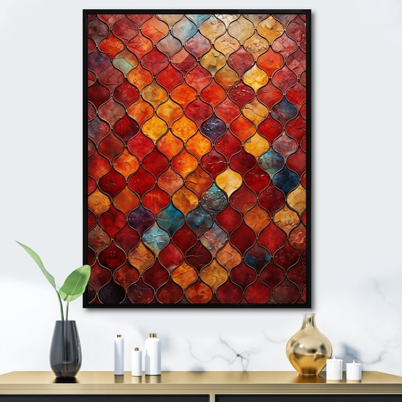 Designart "Moroccan Elegance in Orange and Yellow Tiles II" Abstract Framed Wall Art - Modern Yellow Abstract Tile Entryway Framed Wall Art Print