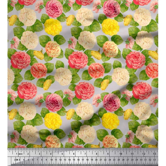 Soimoi Gray Silk Fabric Leaves & Begonia Floral Print Fabric by Yard 42 Inch Wide