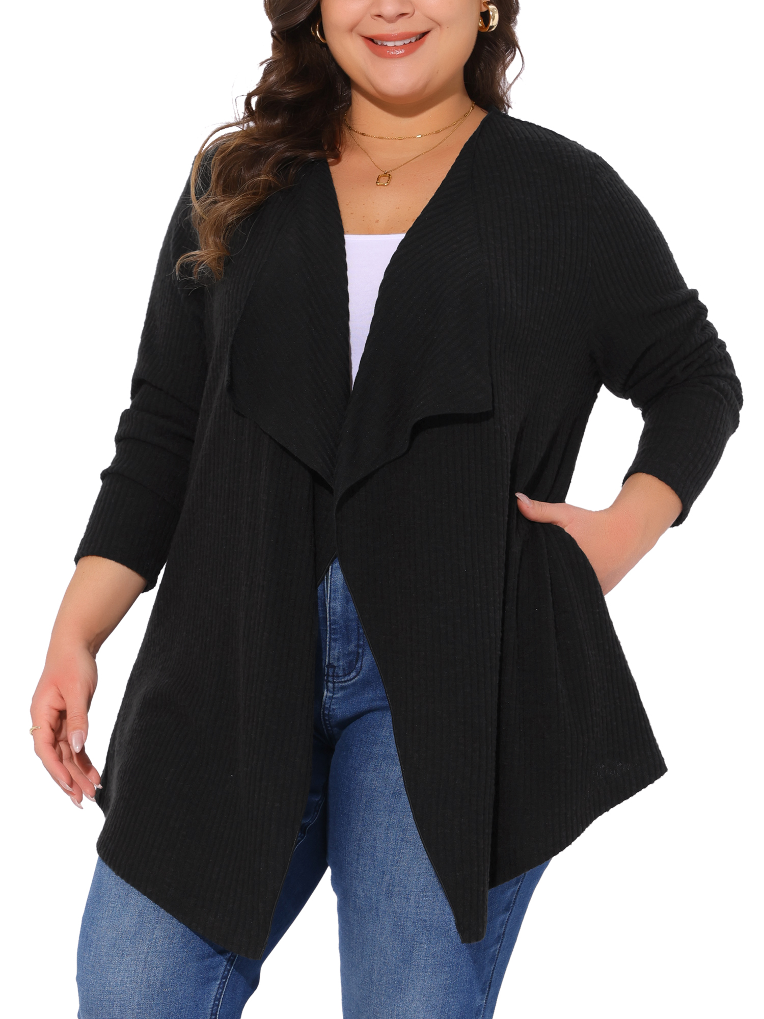DARING DIVA Plus Size Open Front Irregular Hem Long Sleeve Cardigan 4X Black