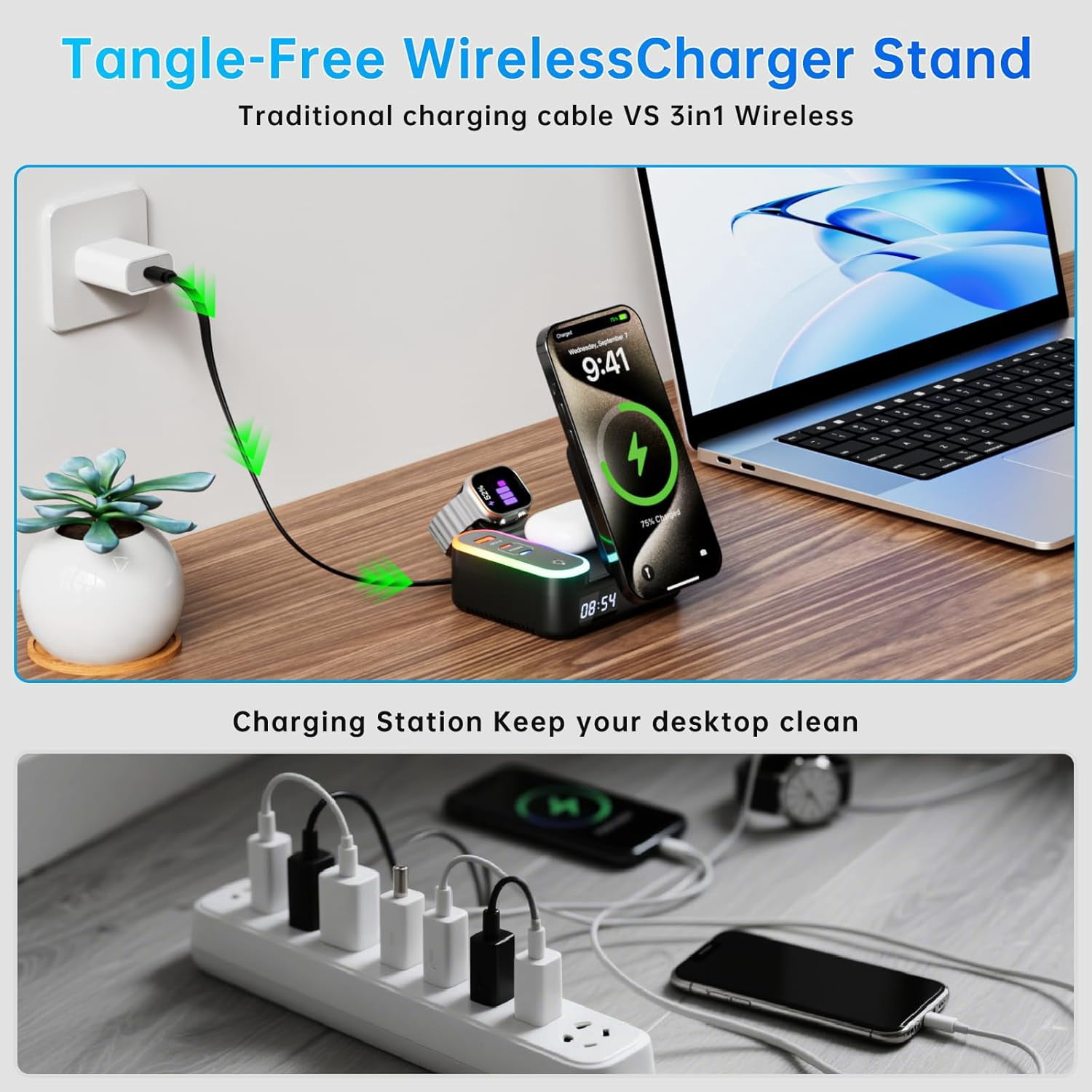 8-in-1 Wireless Charging Station,15W Magnetic Foldable Charger,65W Fast Charging Stand,Retractable Cable,LED Clock,USB-C/A Ports,Multi-Device Charging for i Phone,i Watch,Air pods,Mag Safe Compatible