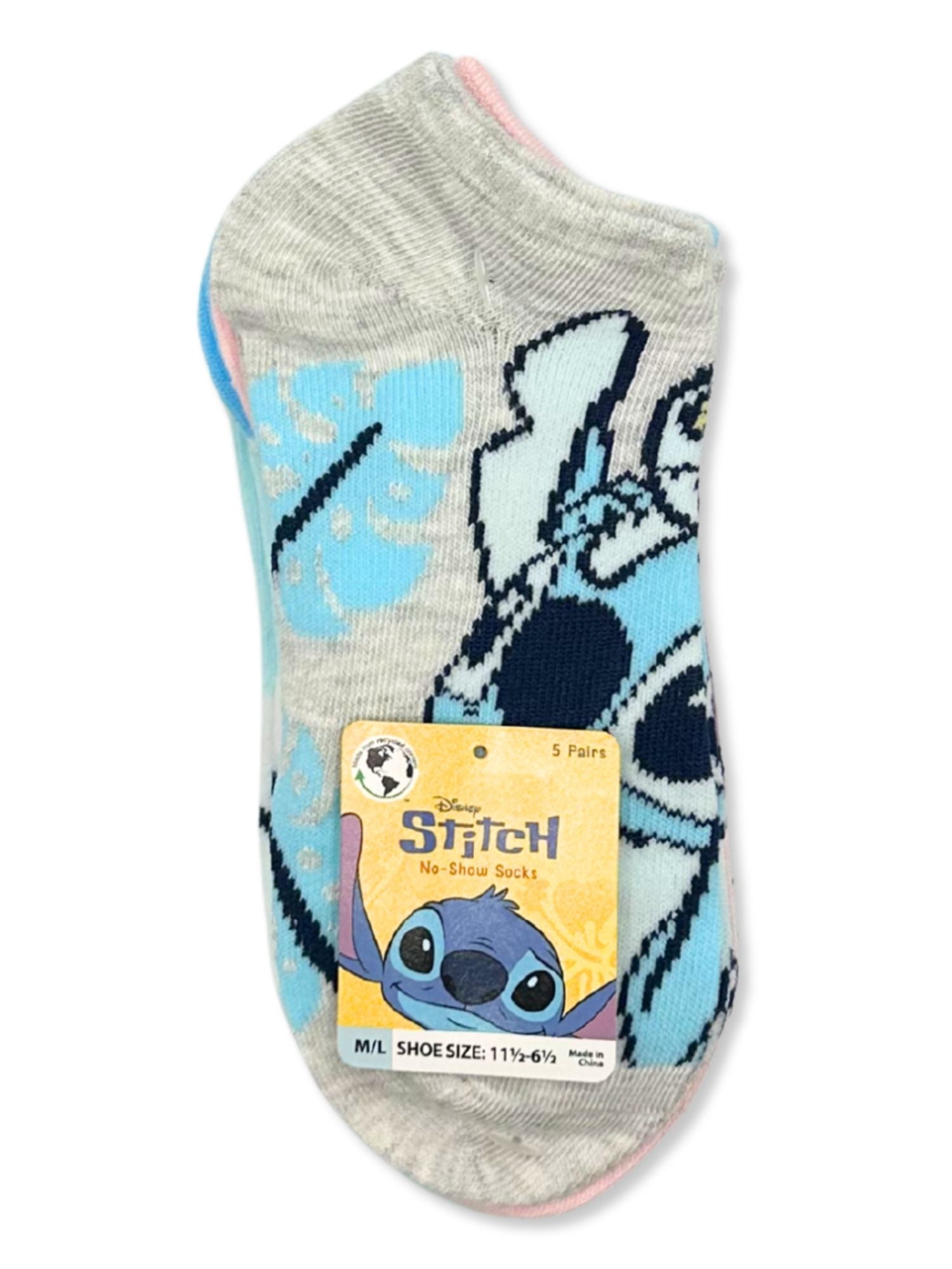 Disney Stitch Girls No-Show Socks, 5-Pack, Sizes S/M-M/L